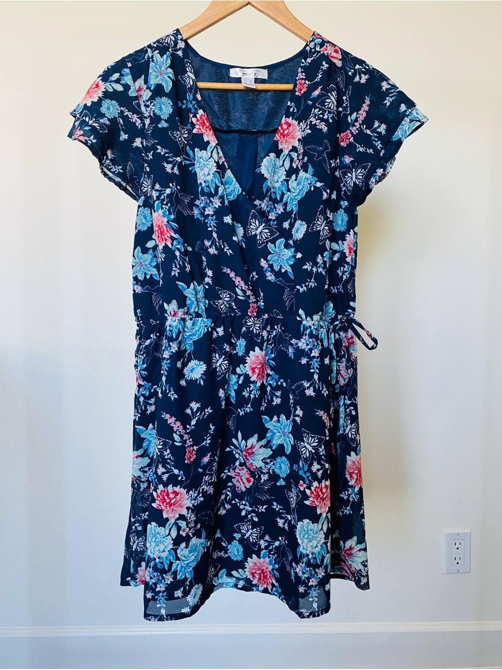 Floral Navy Wrap-Style Women’s Dress - Blue & Pink
